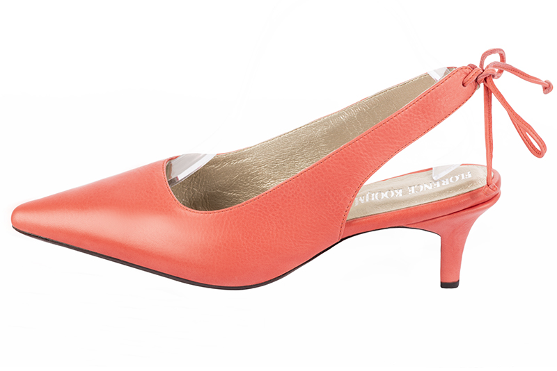 Coral orange women's slingback shoes. Pointed toe. Medium slim heel. Profile view - Florence KOOIJMAN